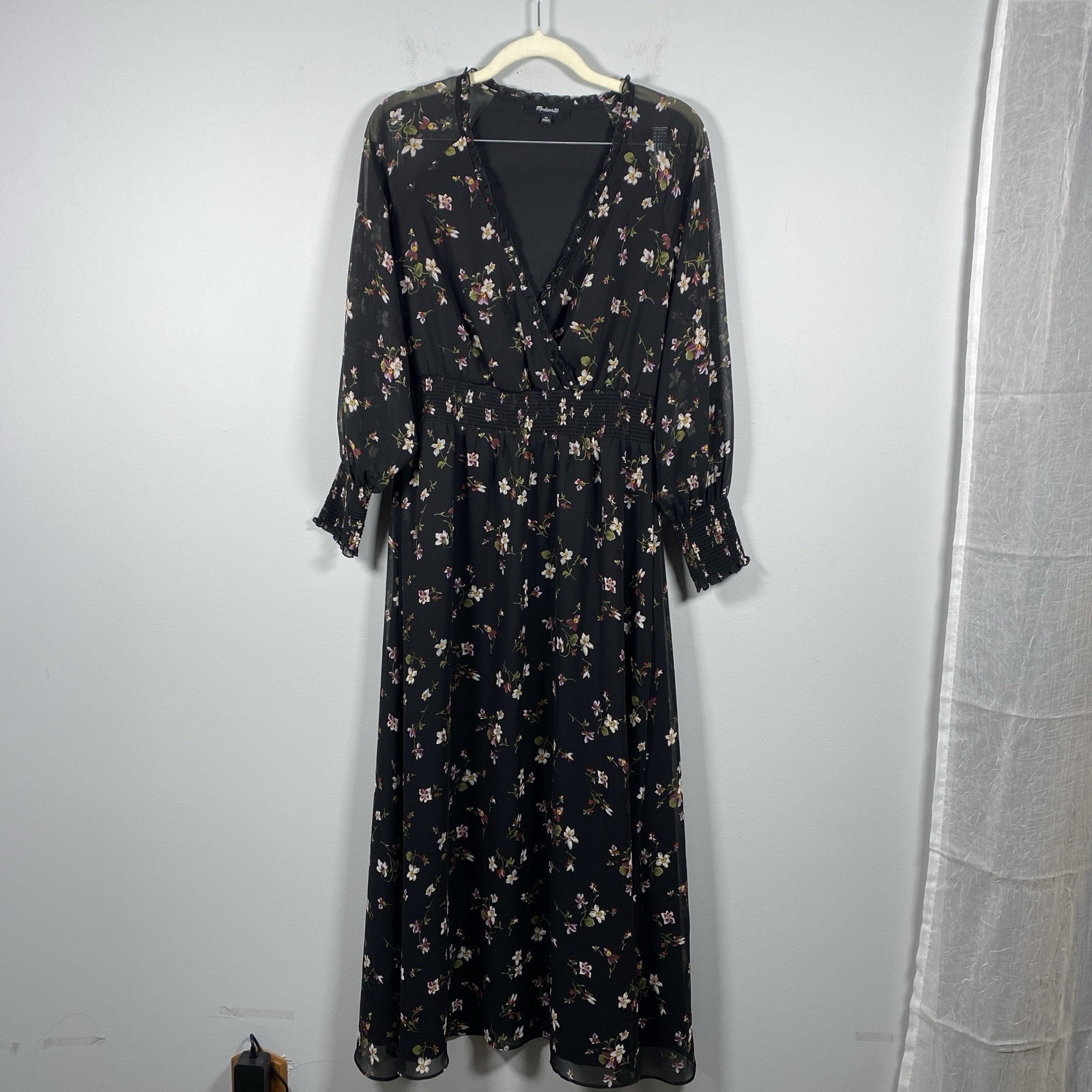 Madewell Black Floral Georgette Smocked Midi Dress Womens Sz Xs Cottagecore Boho